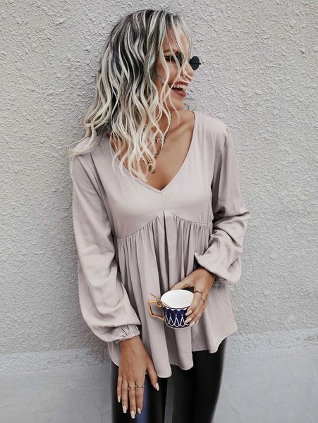 

v-neck bishop sleeve peplum blouse y0vp#, White