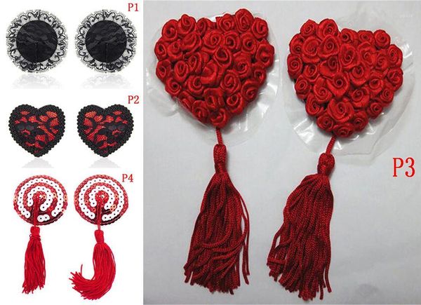 

product sequin nipple covers with tassels heart round lace shape nipple stickers pasties wholesale chest stickers1, Black;white