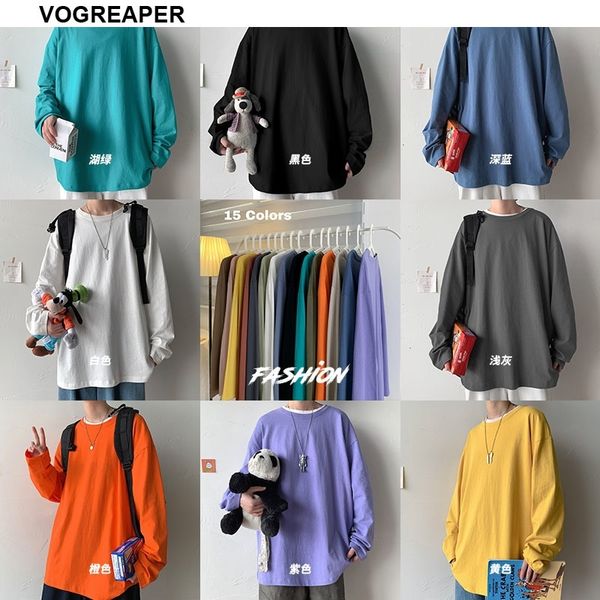 15 Renkler Kore Moda O-Boyun Erkek T Shirt Rahat 100% Pamuk Uzun Kollu Temel Tee Gömlek 4XL 5XL 201203