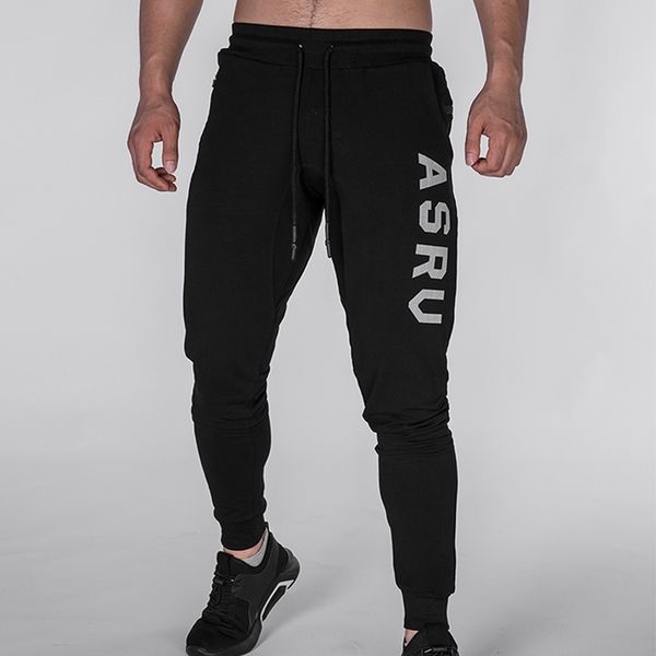 

gyms mens joggers skinny sweat men pants embroidery cotton tights sweatpants men side zipper trousers 201116, Black