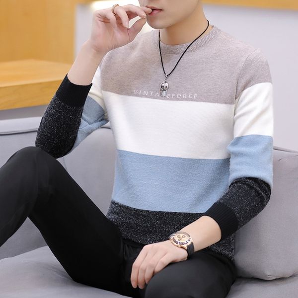 

bx0zf autumn and winter men's korean sweater trendy sweater round neck stitching contrast color men's fashion style shirtshirt shi, Blue