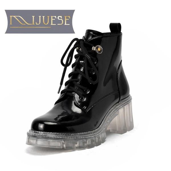 

boots mljuese 2021 women ankle soft cow leather winter short plush lace up round toe high heels equestrian party dress, Black