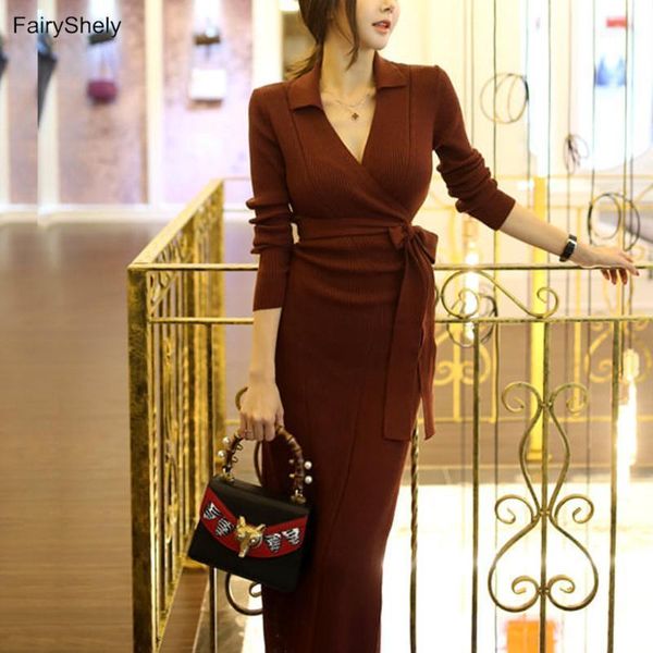 

fairyshely korean long sweater dress women 2020 autumn winter warm sashes solid dress ladies casual knitted pullover1, Black;gray