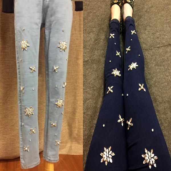 

women's jeans beaded rhinestone pearl women skinny elastic high waist ankle length pencil, Blue