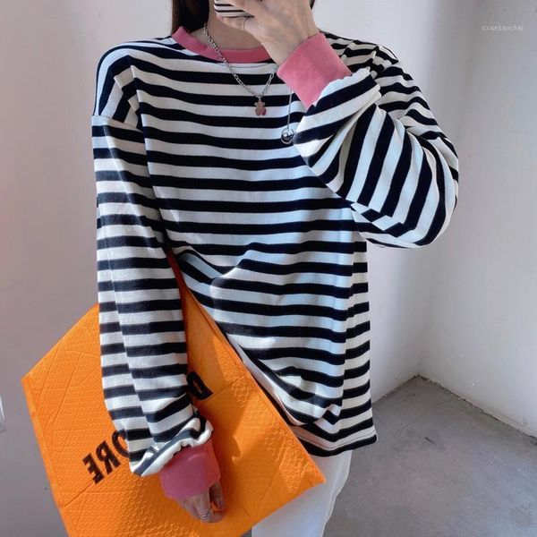 

women's cotton stripe pullover korean long sleeve crewneck casual oversized tee shirt plus size1, White
