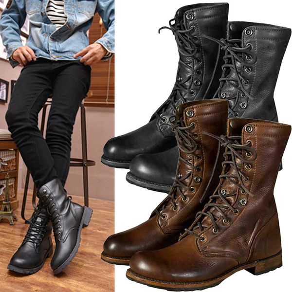 

newly retro men punk motorcycle leather ankle boots lace up combat shoes do99 201027, Black