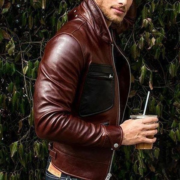 

mens casual long sleeves slim overcoat collar pu leather outwear jacket1, Black;brown