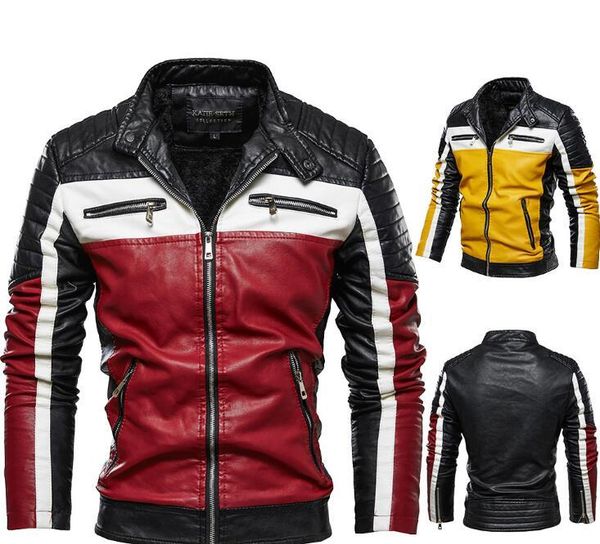 

men's plus velvet leather jacket motorcycle suit color matching 2020 new fashion leather jacket coat outerwear jackets, Black;brown