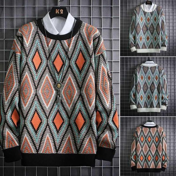 

autumn and winter casual round neck color matching diamond plaid loose pullover long sleeve sweater men's soft bottoming shirt1, White;black