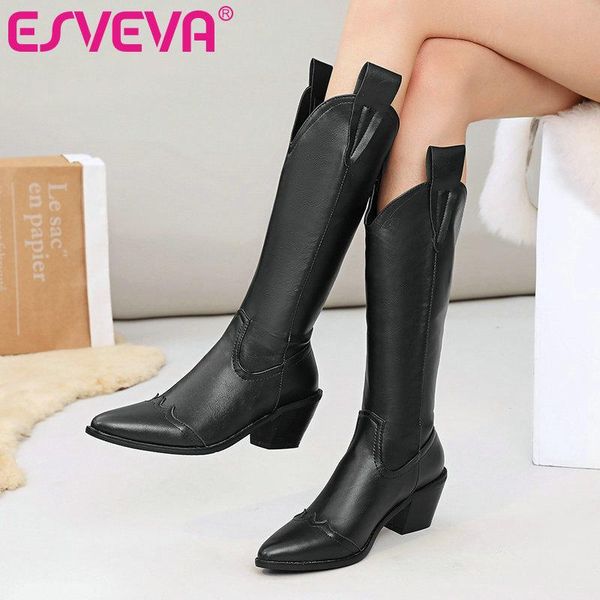 

esveva 2021 classic pointed toe elegant slip on square high heel pu leather knee high boots women boots shoes size 34-43, Black