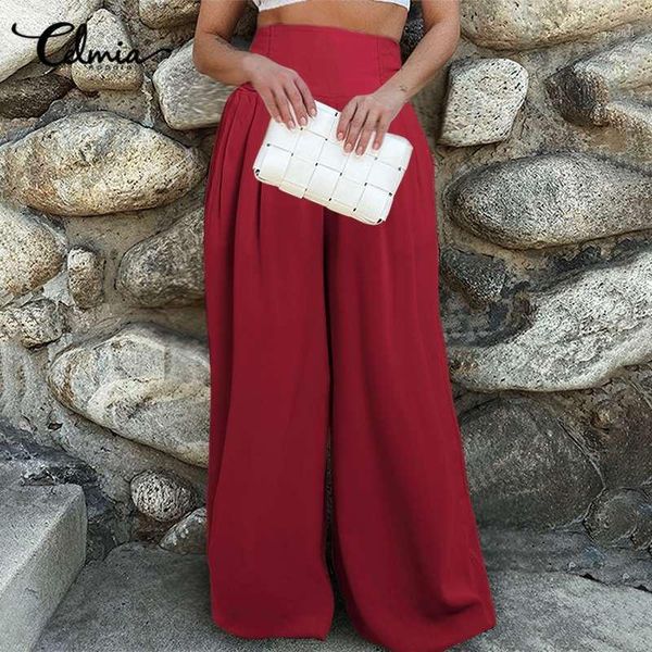 

women's pants & capris celmia women elastic high waist long fashion wide leg trousers solid casual loose palazzo plus size 5xl knoted p, Black;white