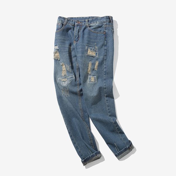 

men's jeans loose hole patch denim pants straight sports, Blue