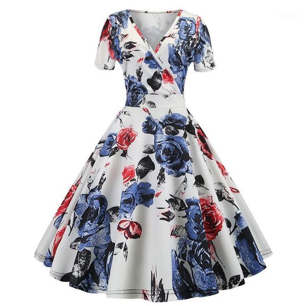 

floral print summer dress 2019 women short sleeve v-neck robe vintage rockabilly dress elegant a line plus size office dresses1, Black;gray