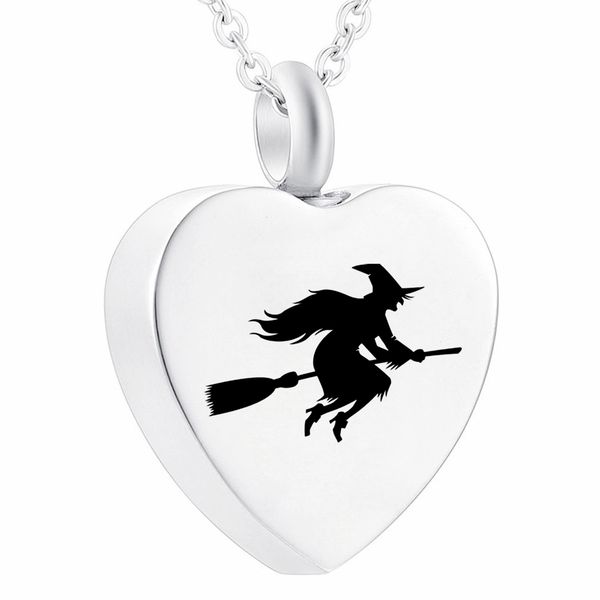 

witch on flying broom heart stainless steel cremation ashes memorial pendant necklace with fill kit pretty package bag, Silver