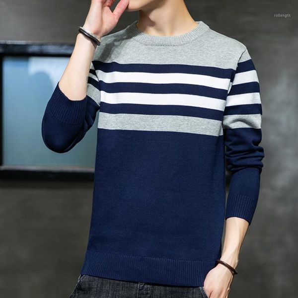 

hcxy brand mens pullover stitching fashion striped sweater men casual all-match bottoming shirt male1, White;black