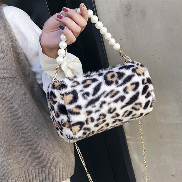 

m550 fashion women bag character chain buckets leopard stripes plush shoulder bag imitation pearl handbag