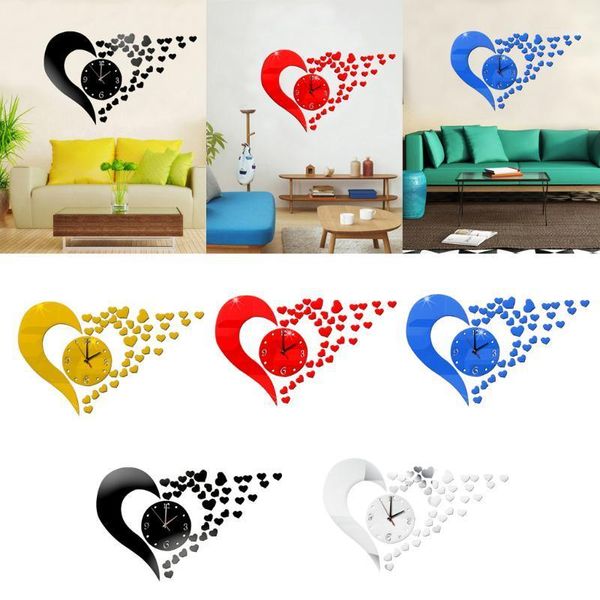 Relógios de parede Love Heart em forma de coração acrílico DIY analógico 3D espelho de superfície Relógio Adesivo Bateria de quartzo operado por casa Decoração de sala de estar1