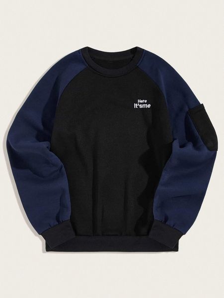 

men contrast raglan sleeve letter embroidery sweatshirt u1sm#, Black