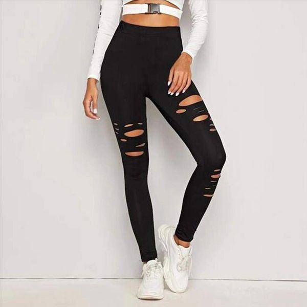 

summer basic strech black leggings holes ripped leggings punk rock fashion women leggins casual jeggings dancing pant