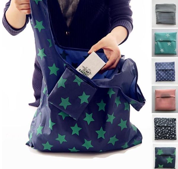 Moda Çizgili Saklama Çantası Katlanabilir Kullanımlık Alışveriş Çantaları Yıldız Nokta Baskılı Depolama Bakkal Çanta Bayanlar Mağaza Tek Omuz Çantaları