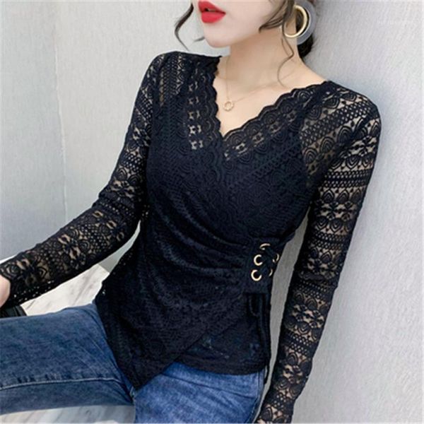 

korean 2020 autumn women lace long sleeve v-neck bow tie crochet white shirt fashion hollow out blouse blusa zy51461