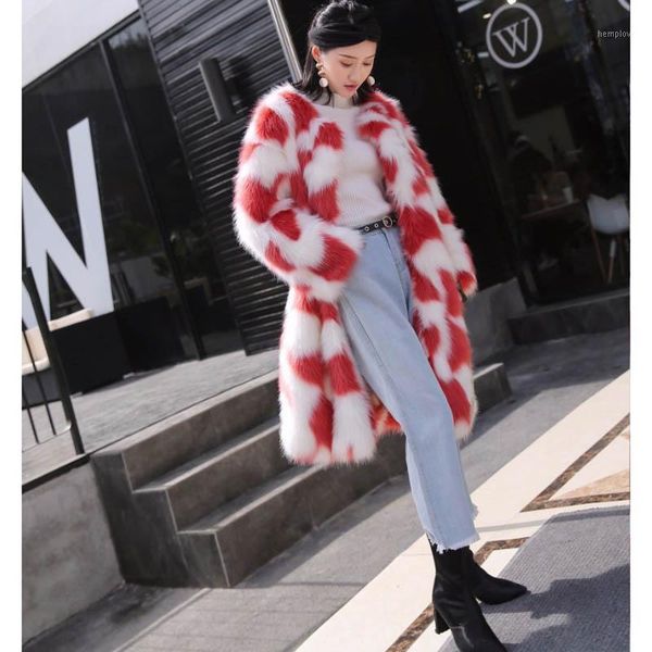 

folobe 2020 autumn winter fashion red white contrast color faux fur coat women loose imitation fur long women outerwear1, Black