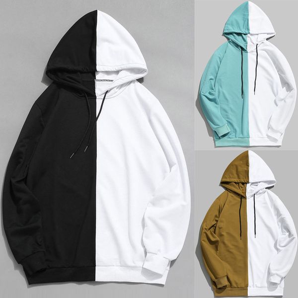 

mens design patchwork hooded sweater coat sweatshirts 2020 autumn winter fahion long sleeve pullovers casual warm hooded, Black