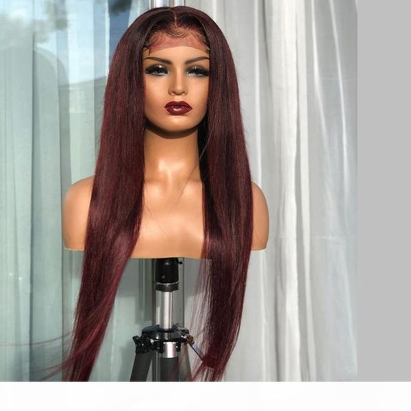

99j straight human hair 4x4 silk wigs for black women lace front burgundy silky straight human hair wigs with baby, Black;brown