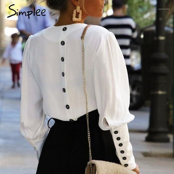 

women's blouses & shirts simplee puff sleeve women blouse shirt button white v neck spring 2021 elegant office lady streetwear blusas