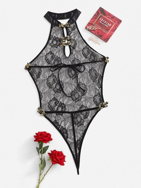 

plus floral lace costume bodysuit e1kc#, Black;white