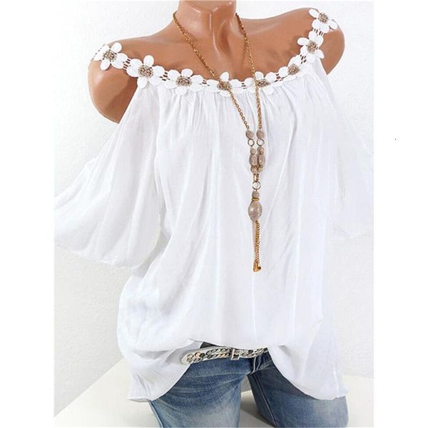 

new fashion womens o neck half sleeve blouse lace solid colort ladies casual womens and blouse summer plus size, White