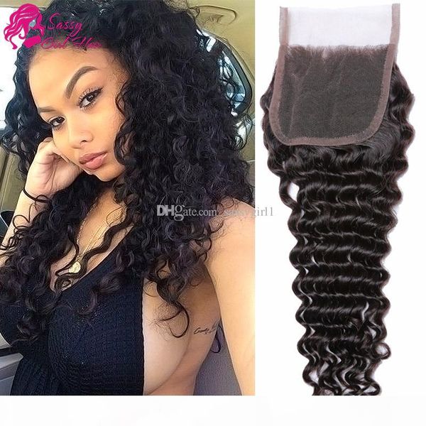 

brazilian deep wave closure 4x4 bleached knots closure with baby hair brazilian virgin remy hair deep middle three part natural color, Black;brown