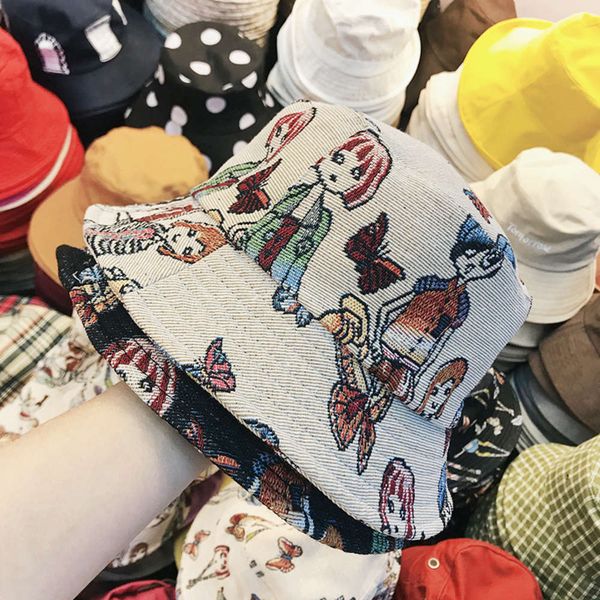 

japanese modern jmx street girl printed fisherman's children's fashion basin sun visor hat spring and summer, Blue;gray