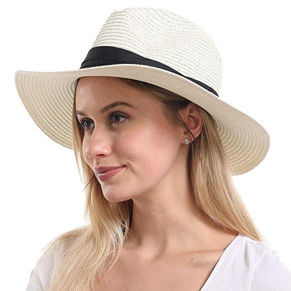 

straw hat summer foldable beach seaside sun protection vacation sun hat beach female english panama straw unisex, Blue;gray