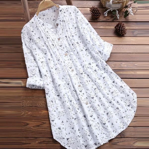

plus size 5xl women soft cotton blouses vintage floral print v neck long sleeve blouse tunic long blouse casual ladies 1, White