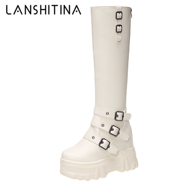 

winter knee high boots women chunky platform pu leather booties ladies thick bottom autumn height increasing long botas 10cm, Black