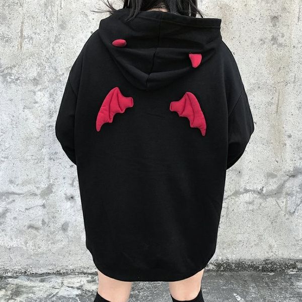 

gothic women hoodies sweatshirt pullovers print full sleeve thick autumn winter streetwear cool girl punk demon wing loose black y1114