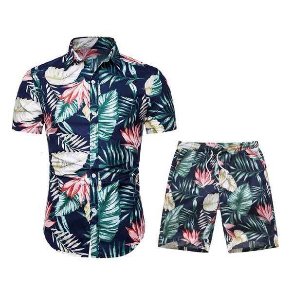 

hawaiian clothes men's sets beach boardshorts short sleeve pineapple print hawaiian shirts leaf swimwear travel 2 pieces sets, Black;brown
