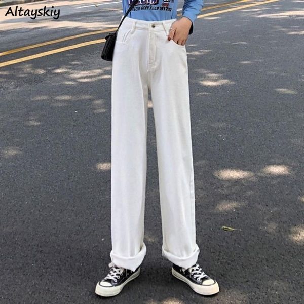 

high waist jeans women white classic youth all match loose womens street style korean fashionable feminina wide leg full length1, Blue