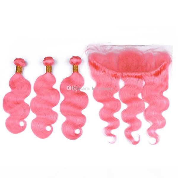 

pink human hair weaves with lace frontal closure brazilian virgin hair 3 bundles body wave with lace frontal bleach knots, Black