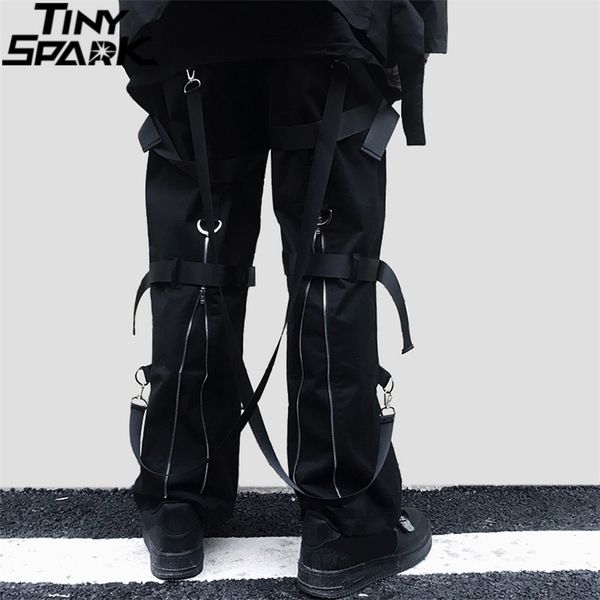 

hip hop cargo pants streetwear men harajuku rear zipper pants buckle ribbon hiphop joggers harem pants pockets autumn black 201110