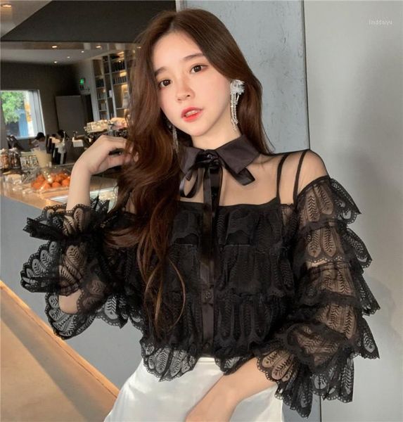 

2019 spring girls transparent lace blouses shirts tees female ruffles sleeve fairy blouses for women1, White