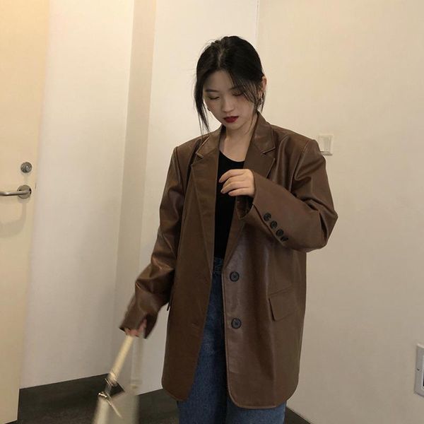 

ewq] autumn winter female turn-down collar long-sleeved single breasted suit loose minimalist pu leather coat 8d214, White;black