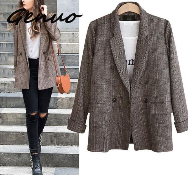 

genuo new 2020 autumn winter new retro pattern girl plaid comfortable women korea solid cardigan ladies work wear jacket cute, Black;brown