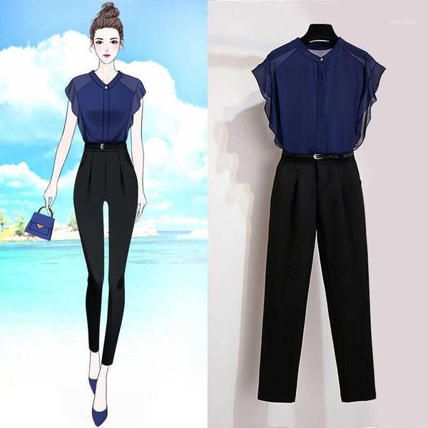 

2 piece women set plus size sleeveless blue shirt pants slim outfit1, Gray
