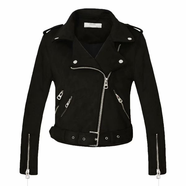 

2020 women autumn winter thick fake suede faux leather jackets sash lady matte motorcycle coats biker zippers street outwear t200828, Black