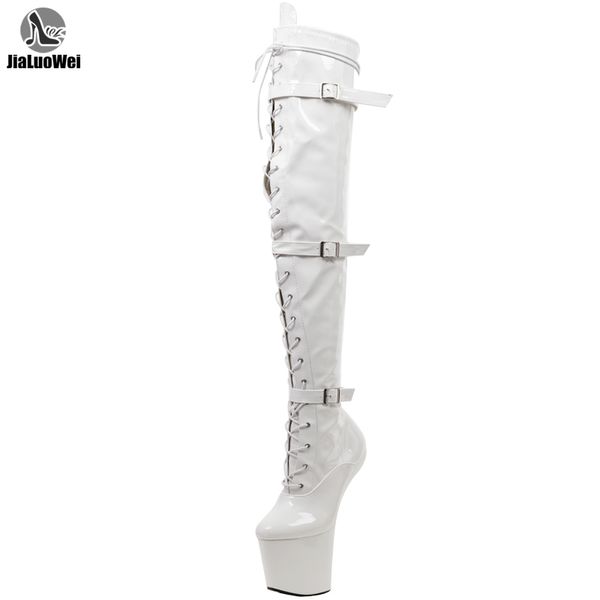 Jialuowei Yüksek Bacak Çizmeler Lace Up Aşırı Yüksek Topuk Fetiş Heelless At Aygır Tırnak Taban Boots Çizmeler Çatıkları Yüksek Çizmeler Y200723