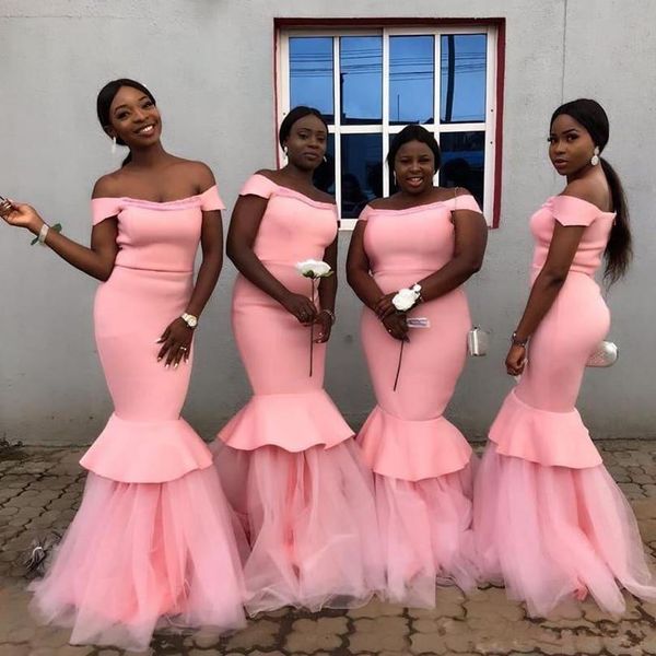 

2021 pink bridesmaid dresses mermaid tiered skirt tulle elastic satin tulle custom made african dubai maid of honor gown vestidos, White;pink
