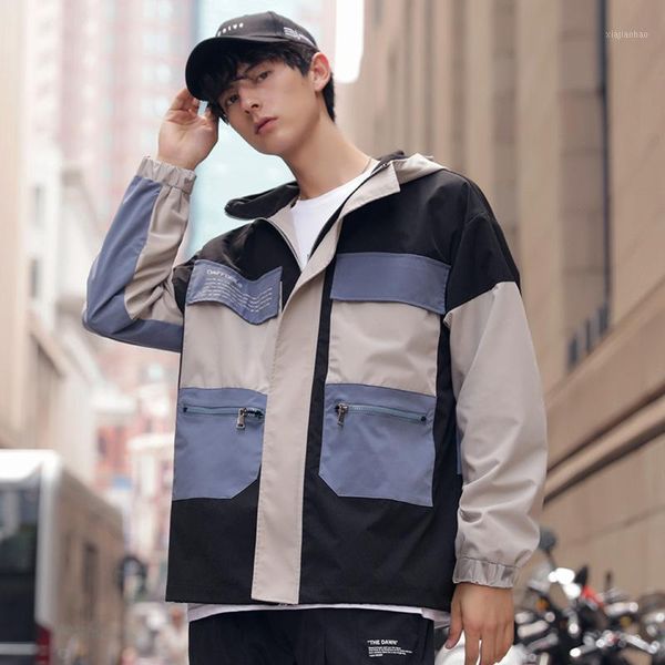 

2021 autumn new color patchwork spliced street stylish men's hooded jackets casual pockets loose printed windbreaker outerwear1, Black;brown