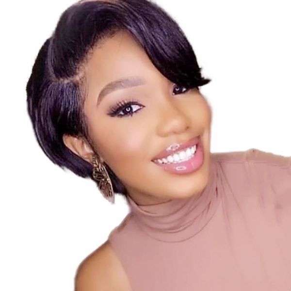 

short straight bob cut lace front wigs human hair for black women glueless brazilian virgin hair side part pre plucked with bangs, Black;brown